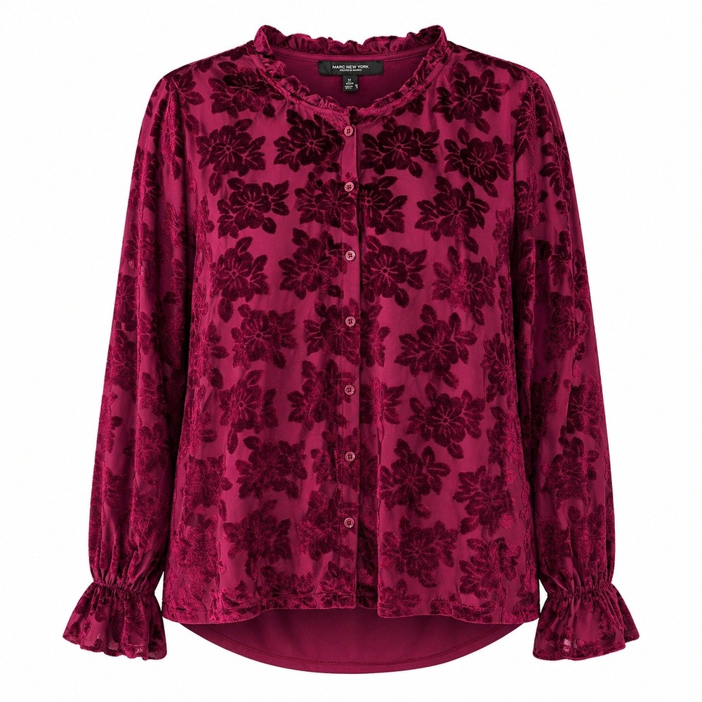 Marc New York Floral Burnout Velvet Button Up‎ Top XL Whimsygoth Renaissance Red